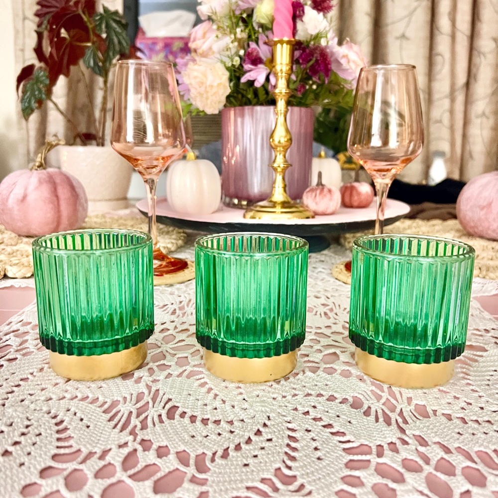 Green Glass Candle Holders Set of 3
